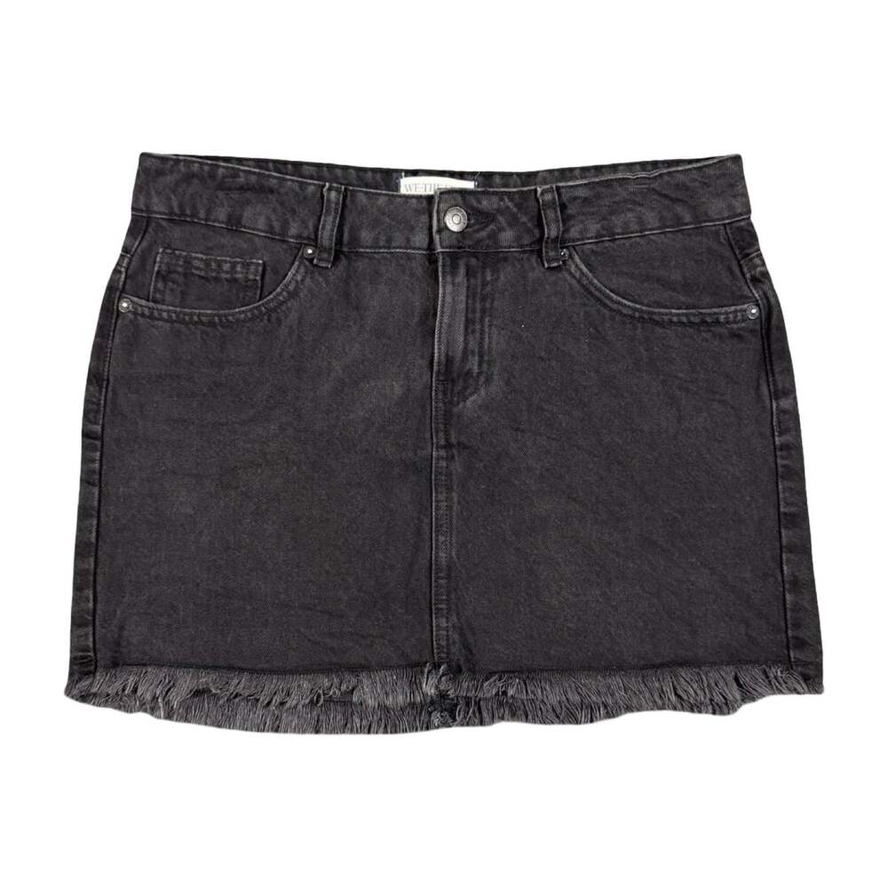 We The Free Women’s Black Denim Mini Skirt Size 8 Pockets Button Fringe Hem